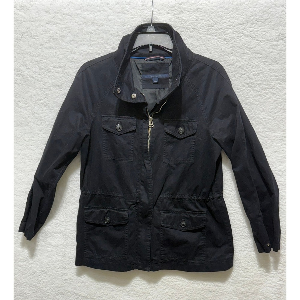Tommy Hilfiger Womens Black‎ Utility Field Jacket Full Zip Drawstring Small S
